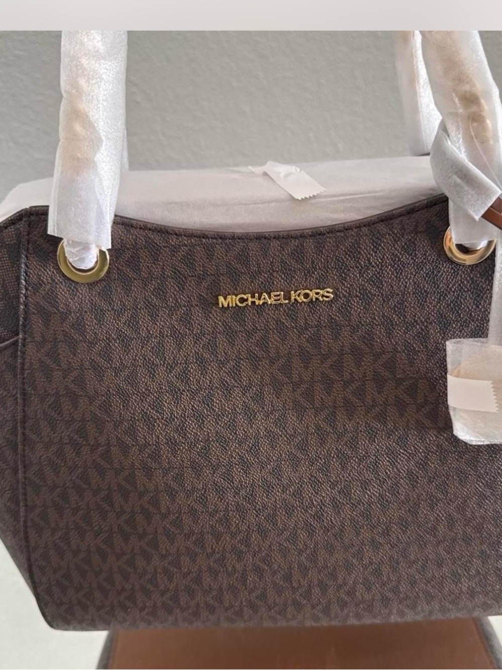 Michael Kors Brown MK Monogram Tote with Gold Hardware
